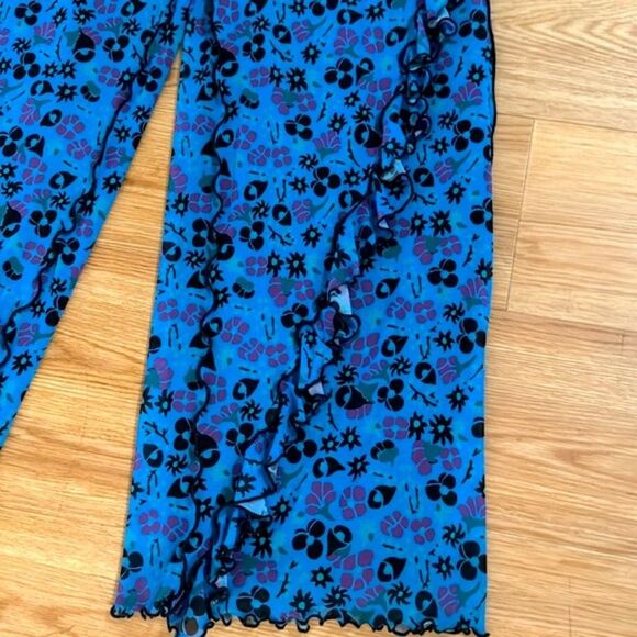 Anna Sui Womens Blue Ruffle Trim Field Flower Pants M Boho Festival Wide Leg - Picture 7 of 11